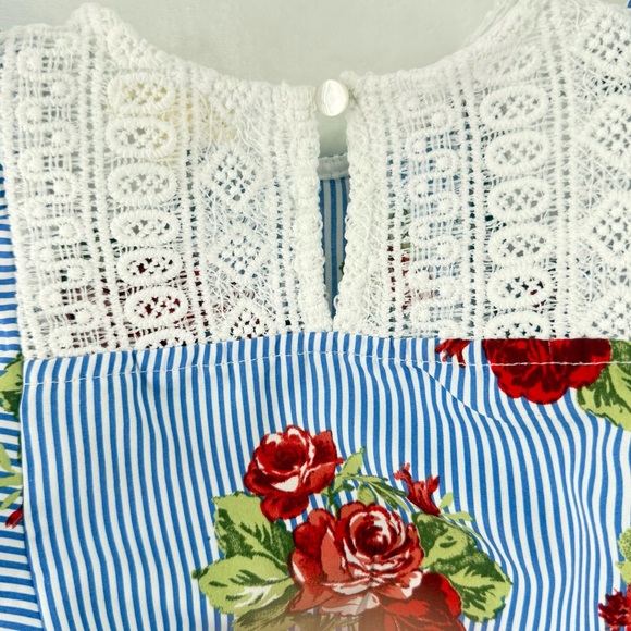 Monteau Girl Blue Stripe Floral Casual Dress Size 6 Ruffle Sleeve Lace Decor - Picture 7 of 11